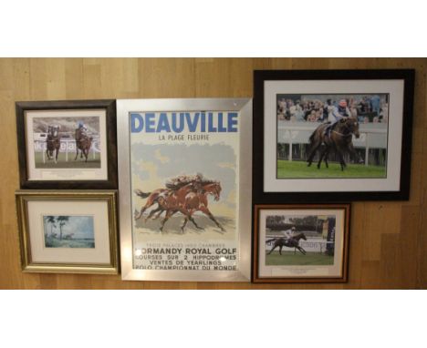 A framed poster, dated 1959, depicting Deauville Horse Races/Golf Polo, 66x47cm, together with three photograph's and a print