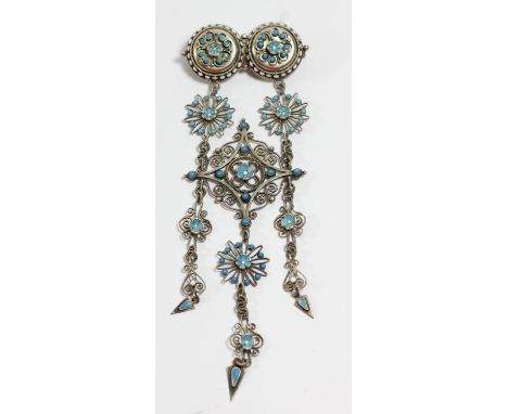Emil Marthinsen, a Norwegian silver filigree and enamel tassel brooch, stamped makers mark and 925, 12.5cm Marthinsen bought 