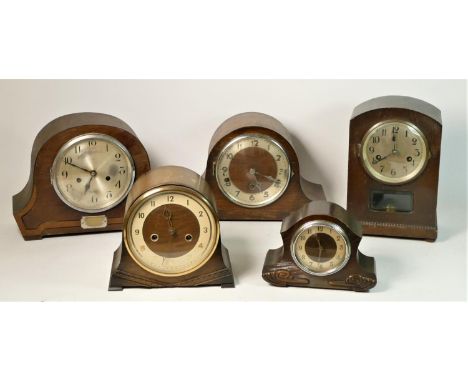 A slate mantle clock together with a Dutch mahogany wall clock (with weights) and oak cased mantle clocks (3) 