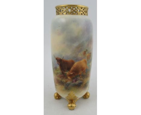 A Royal Worcester vase, decorated with Highland Cattle in landscape by H Stinton, shape number G42, height 9ins