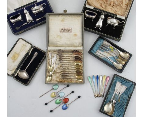 A collection of cased spoon sets, to include ELo Denmark Sterling scoops, enamel back coffee bean spoons, continental spoons 