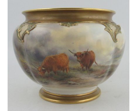 A Royal Worcester jardiniere, decorated with Highland Cattle in landscape by John Stinton, shape number H276, diameter 9.5ins