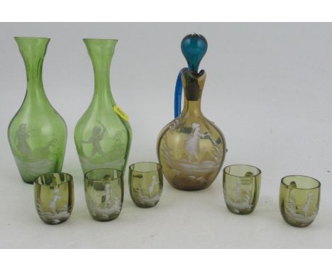 A pair of Victorian green glass vases, decorated in white enamel with a Mary Gregory scene of two children, height 7.5ins, to
