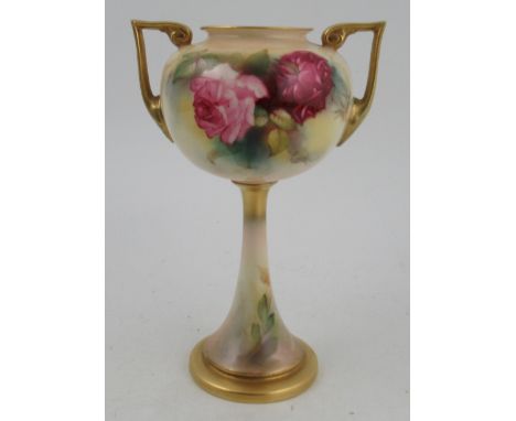 A Royal Worcester pedestal vase, the body and trumpet pedestal decorated with roses, shape number 2736, height 8ins  Conditio