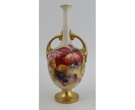 A Royal Worcester pedestal vase, decorated with autumnal fruits and leaves by Kitty Blake, shape number 2700, height 9.5ins