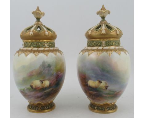 A pair of Royal Worcester Crown Top pot pourri, decorated with sheep in a landscape by Harry Davis, with inner covers and pie
