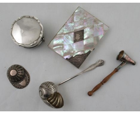 A Victorian mother of pearl card case with fitted interior, together with a Victorian silver shell ladle, Birmingham 1900, a 