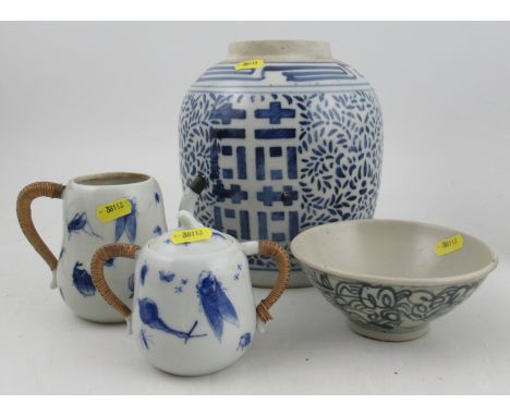 A collection of Chinese and Asian items, to include a marriage jar with Shou characters, a Japanese lidded sugar bowl and jug