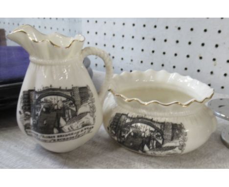 Robinson &amp; Leadbetter, a porcelain bowl and jug, both printed with a west view of Iron Bridge over the Wear under the pat
