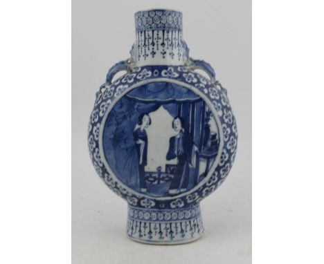 A 19th century Chinese blue and white moon flask, with opposing figural panels and pruns boarders, height 10.5ins&nbsp;Condit