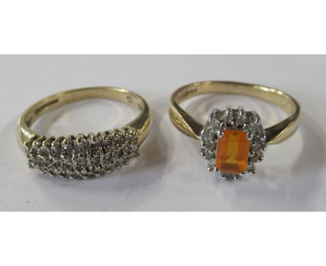 A 9ct gold ring, set with a rectangular fire opal surrounded by diamonds, together with a 9ct gold ring set with diamonds