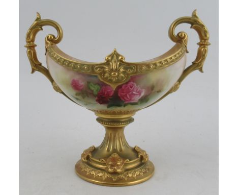 A Royal Worcester boat shaped pedestal centre piece, decorated with roses by A Lane, shape number H194, height 7.5ins