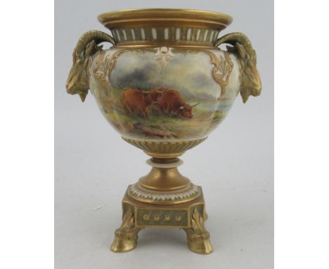 A Royal Worcester pedestal vase, decorated with Highland Cattle in landscape by John Stinton, with gilt rams masks, square ba