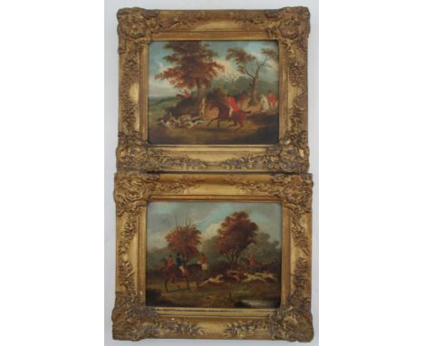 A pair of 19th century oil on panel, hunting scenes with figures on horse back and hounds, 7.5ins x 9.5ins&nbsp;