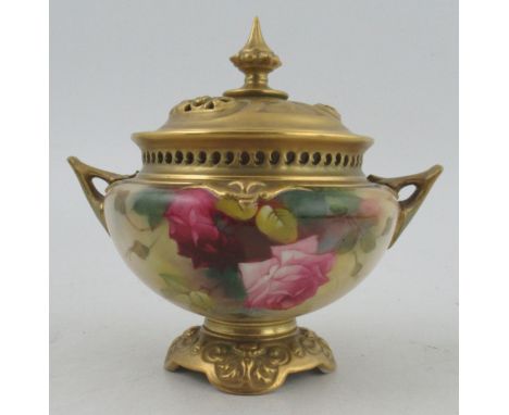 A Royal Worcester pierced covered vase, decorated roses by Spilsbury, shape number H165, height 7insCondition Report:  There 