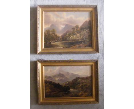 W H Rooke and R Herd, two oil on artist board, landscapes with rivers, trees and mountains beyond, 8.5ins x 11.25ins and 7.5i