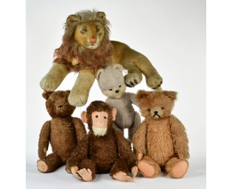 Steiff u.a., 3 Bären, Löwe + Affe, 45-80 cm, Gebrauchsspuren