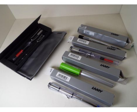 Lamy Vista - two fountain pens, rollerball, propelling pencil and other Lamy, boxed and a silver-grey Lamy wallet [total of s