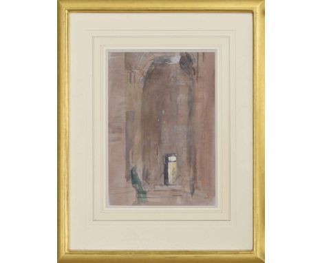 English School (20th century) - Figure beside a stone column with another figure in a sunlit doorway nearby, signed with the 