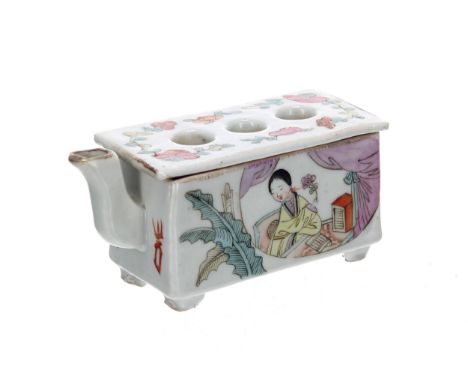 Chinese porcelain famille rose inkwell, the three division cover over a spout, figural painted panels and calligraphy, Qianlo