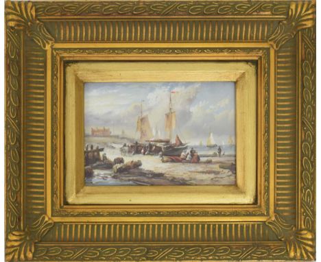 Continental School (20th century) -&nbsp;a beach scene at low tide with figures unloading fishing boats, cottages and a light
