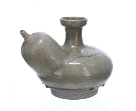 Chinese celadon glazed porcelain kendi, possibly Song dynasty, with a flared rim and bulging spout, decorated with ring bands