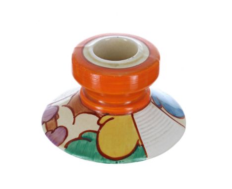 Clarice Cliff Fantasque Bizarre 'Autumn' squat candlestick, shape 331, 2" high, 3.5" diameter 