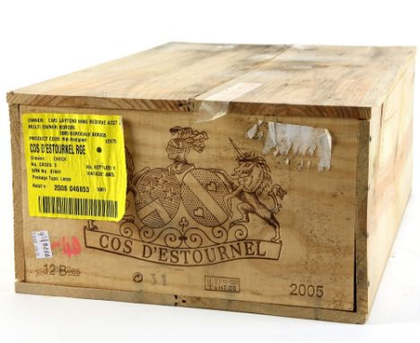 12 bottles of Chateau Cos d'Estournel, 2005 vintage red wine, in sealed wooden case (12)