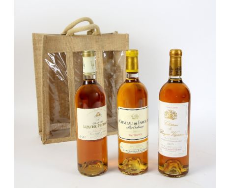 3 bottles of Sauternes wine to include: Chateau Lafuurie-Payraguey 2003 vintage. Chateau de Fargues 2003 vintage, Chateau Ray