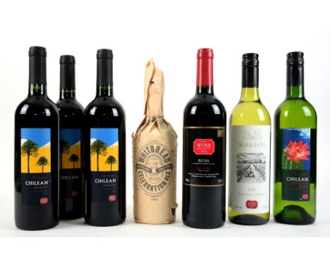 7 bottles to include: 3 bottles of Wine Society Chilean Merlot 2012 vintage red wine; 1 bottle of Wine Society Rioja Crianza 