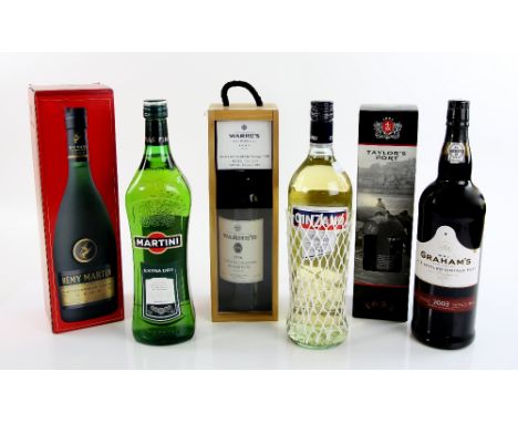 Six bottles including Warre's 1996 Quinta Da Cavadinha, Remy Martin VSOP Fine Champagne Cognac, Taylor's Select Port, Graham'