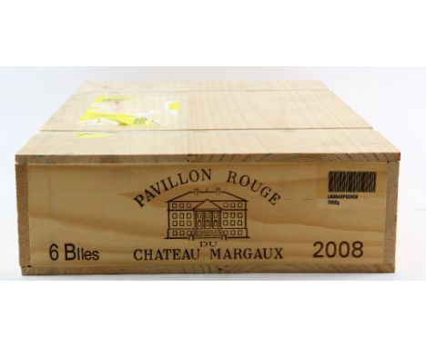 6 bottles of Pavillon Rouge de Chateau Margaux, 2008 vintage red wine, sealed in original wooden case (6). Previously stored 