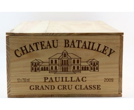 12 bottles of Chateau Batailley Pauillac, 2009 vintage red wine, sealed in original wooden case (12). Previously stored in Wi