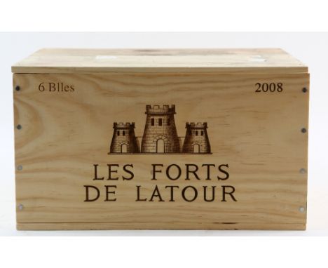 6 bottles of Les Forts de Latour, 2008 Pauillac vintage red wine, sealed in original wooden case (6). Previously stored in Wi