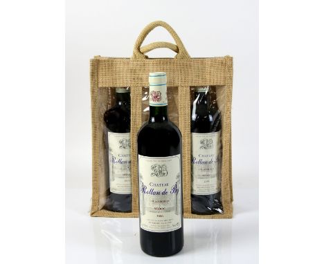 3 bottles of Chateau Rollan de By red wine, Cru Bourgeois, 2014 vintage, in presentation bag (3)