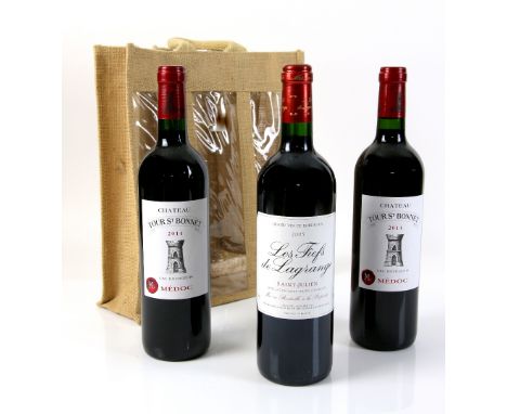 3 bottles of red wine to include: 2 bottles of Chateau Tour St. Bonnet Medoc 2014 vintage, 1 bottle of Les Fief de Lagrange S