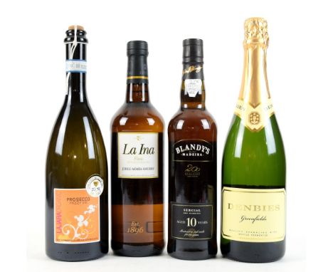 4 bottles to include: 1 bottle La Ina Fino Sherry; 1 bottle of Blandy's Madeira aged 10 years (50cl); 1 bottle of La Jara Org