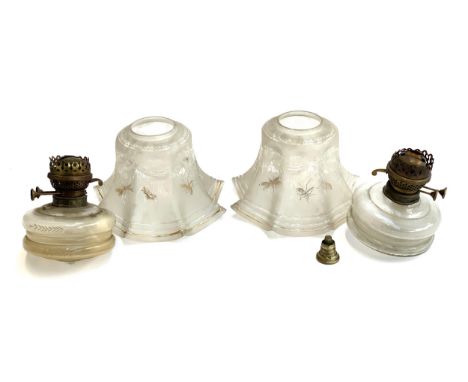A pair of shaped glass hanging light-shades, heightened in gilt, depicting dragonflies and bees, together with a pair of oil 