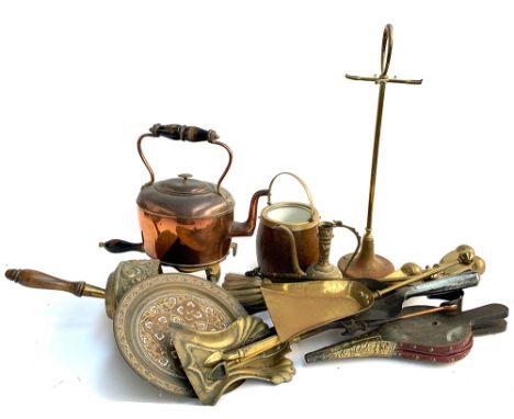 A mixed box of brass and copper items to include kettle, trivet, fire tools, bellows, etc 