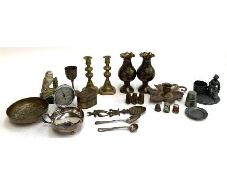 A mixed lot of metals items to include brass candlesticks, vases, miniature pewter cup and plate, a rototherm thermometer, cl