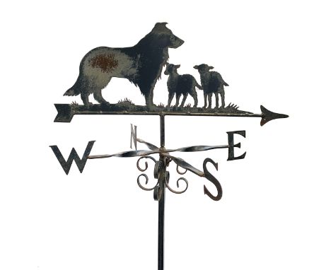 A wrought iron weather vane depicting sheepdog and lambs, 127cmH 
