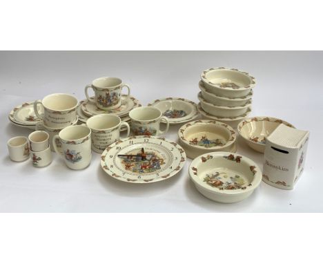 A small collection of Royal Doulton Bunnykins, comprising plates, bowls, cereal bowls, cups, saucers, wall clock etc, approx.