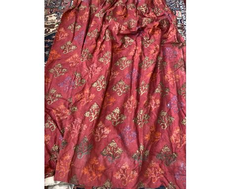 A pair of lined red curtains, 230cm drop 260cm wide