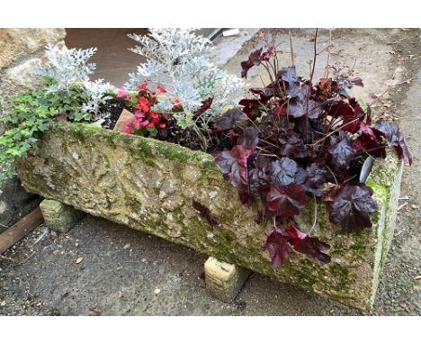 A large composite stone trough planter, raised on stone supports, 106x25x27cmH 