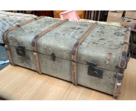A vintage wood banded travel trunk marked H.A.P, 91cmW 