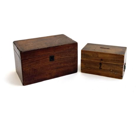 A George III mahogany veneer tea caddy, 20 cmW, together with a small money box 