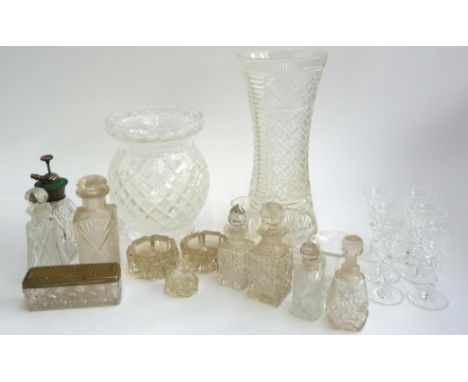 A mixed lot of cut glass items to include 6 Webb crystal sherry glasses, 9cmH, a scent bottle with pump action  and guilloche