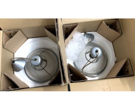 A pair of industrial style hanging moulded glass light fittings, by made.com 'circlet pendant light (grey)', new in boxes 