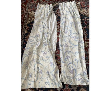 A pair of cotton backed curtains, 200cm drop, 180cmW; together with two pairs of very long linen curtains, 460cm drop