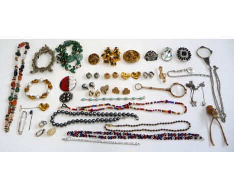 A mixed lot of costume jewellery to include two pairs of Erwin Pearl clip on earrings, one pair gold tone and the other ename